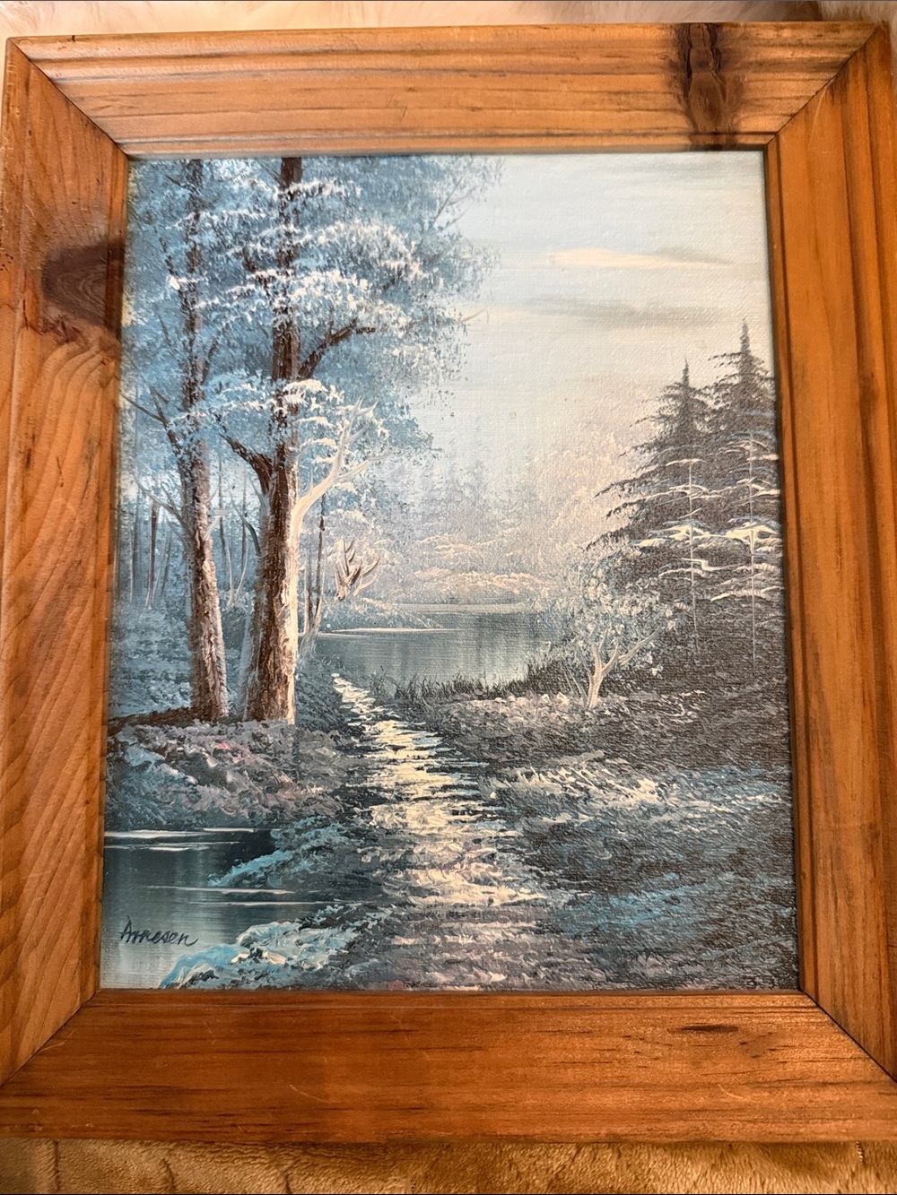 8x10 vintage oil painted signed by Arneson Framed Blue Winter Landscape
